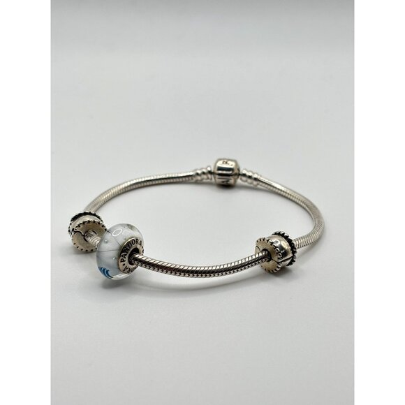 Pandora 925 Sterling Silver Charm Bracelet With Blue & White Glass - Picture 3 of 8